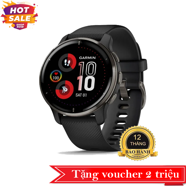 Đồng hồ Venu 2 PLUS - Slate Stainless Steel Bezel with Black Case and Silicone Band